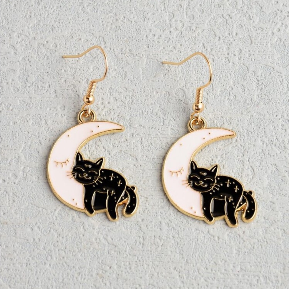 Black Cat Moon Earrings - Picture 2 of 5